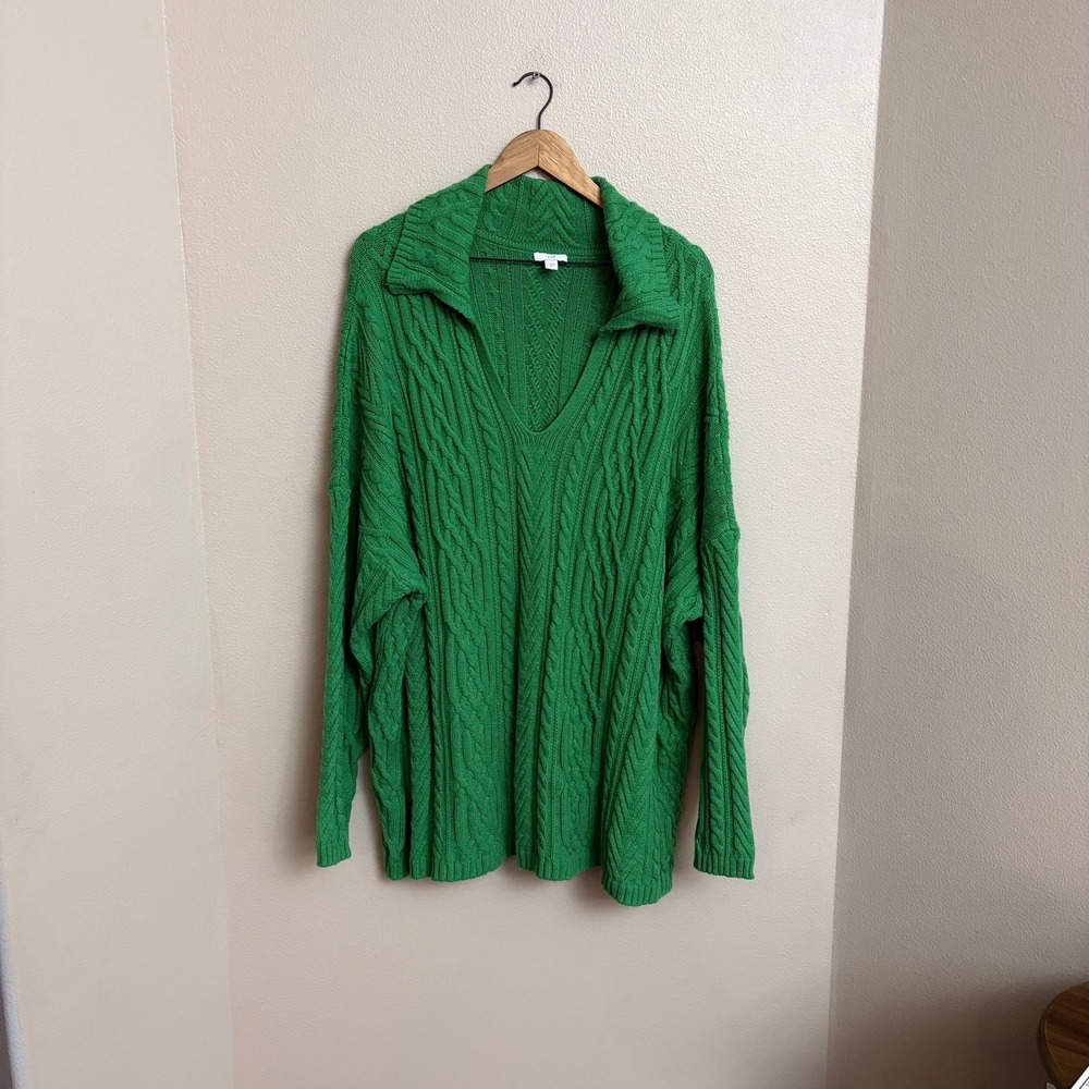 J.Jill Cable Knit V-Neck Pullover Sweater 4X Green Preppy Oversized SSW276561